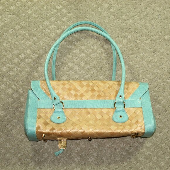 Maggi B Natural Straw & Aqua Blue Edging And Handles Handbag - Picture 2 of 15